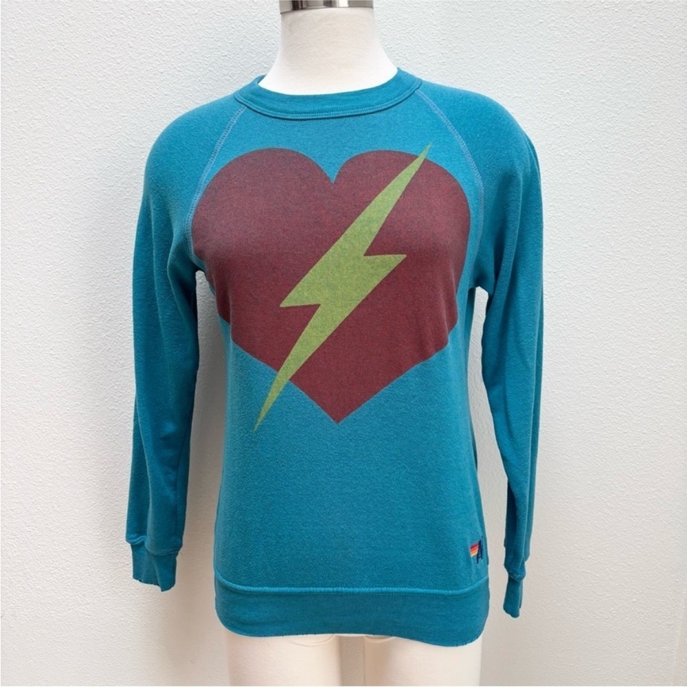 Aviator Nation Lightning Sweatshirt Heart Bolt Graphic Crewneck Blue Size Xs